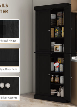 72" Kitchen Cabinet, Pantry Storage Cabinet with Doors and Shelves, Freestanding Food Pantry Cabinet, Black Wood Grain