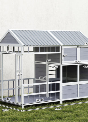 79"L Large Dog House Outdoor, Wooden Dog Kennel with Porch, Storage Cabinet,Weatherproof Roof, Windows