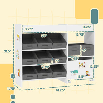 Kids Toy Storage Organizer with 11 Bins, Moveable Cabinet, Top Shelves, 3 Stickers, for Nursery, Playroom, White