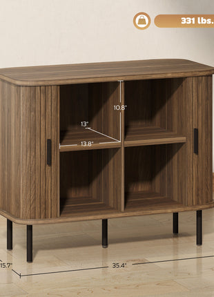 35.4" Sideboard Buffet Cabinet with Storage, Nordic Coffee Bar Cabinet with Slatted Tambour Doors and Metal Legs, Walnut