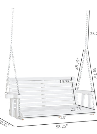 46" 2-Person Porch Swing Wooden Patio Swing Bench with Cup Holders, Slatted Design, Chains, 440lb Weight Capacity, White