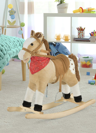 Kids Plush Ride-On Rocking Horse Toy Cowboy Rocker with Fun Realistic Sounds for Child 3-6 Years Old, Beige