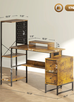 56" Computer Desk with Storage, Computer Table with Power Outlets and LED Lights, Rustic Brown