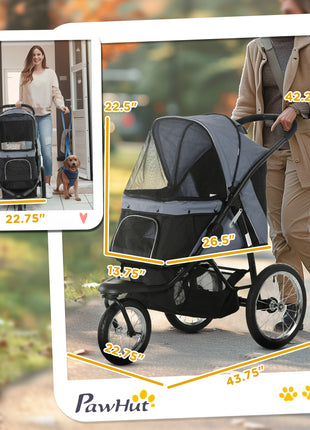 3 Wheels Pet Stroller for Small Dogs and Medium Dogs with Adjustable Canopy, Safety Tether, Storage Basket, Gray