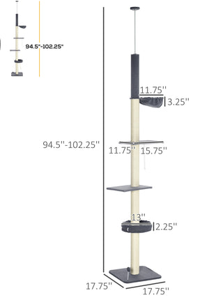 Floor To Ceiling Cat Tree, 5-Tier Cat Climbing Tower, 95''-106'' Height Adjustable with Carpeted Platforms, Cozy Bed, Hammock, Scratching Post & Toy Ball for Indoor Cats, Dark Gray and Cream