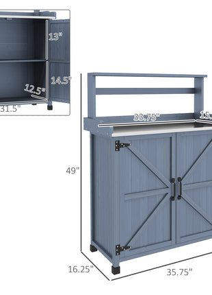Outdoor Wooden Potting Bench with Storage Cabinet, Shelves, Galvanized Plated Tabletop for Backyard, Balcony, Gray