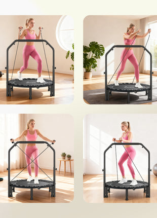 40" Foldable Mini Trampoline, Rebounder Trampoline for Adults with Adjustable Foam Handle, Black