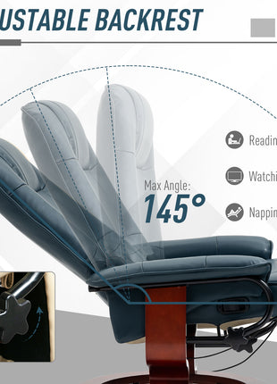 Faux Leather Manual Recliner, Adjustable Swivel Lounge Chair with Footrest, Armrest and Wrapped Wood Base for Living Room, Blue