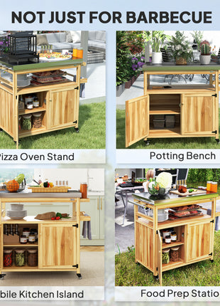 Outdoor Grill Cart w/ Stainless Steel Top, Solid Wood Outdoor Kitchen Island w/ Wheels, Storage Cabinets, Natural Wood