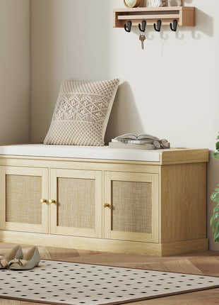Shoe Storage Bench with Woven Rattan Doors, Shoe Bench with Cushion, Adjustable Shelves, Entryway Bench, Oak Tone