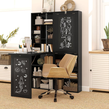 Fold-out Convertible Home Office Desk, Wall Mount Computer Desk with Blackboard and Side Shelf, Black