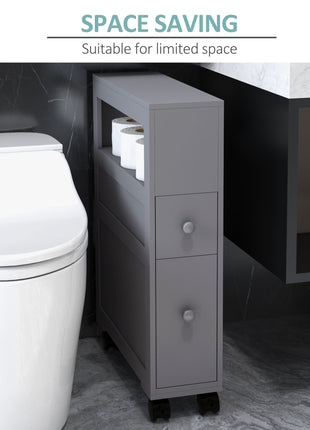 Space Saving Narrow Bathroom Storage Cabinet, Bath Toilet Paper Holder with Drawers and Rolling Wheels, Gray