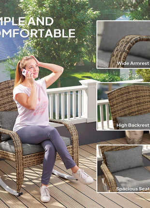 Adirondack Chair, Outdoor Wicker Rocking Chair with High Back, Seat Cushion, and Pillow for Porch, Balcony, Gray