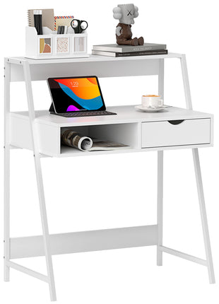 Home Office desk, Computer Desk for Small Spaces, Study Table with Drawer and Storage Shelves, White