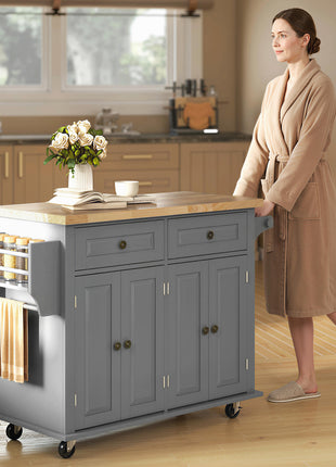 44" Mobile Kitchen Island Table, Kitchen Island Cart on Wheels with Storage Cabinets, 2 Drawers, Gray
