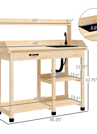 Potting Bench Table, Outdoor Garden Table Wooden Work Station with Removable Sink, Faucet, Drawer, Shelves, Hooks, Natural Wood