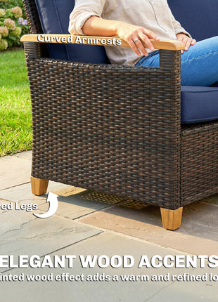 3 Seater Outdoor Couch Sofa, PE Wicker Patio Sofa, Wide Deep Seat, 4" Cushions, Wood-Effect Armrests Legs, Dark Blue