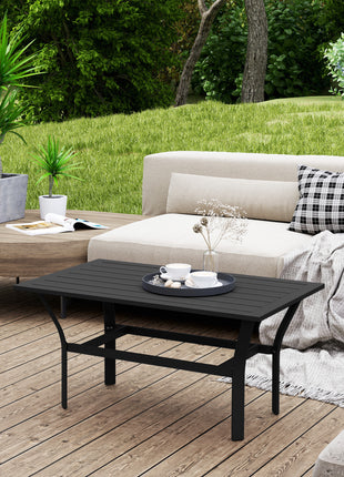 Outdoor Coffee Table with Slatted Tabletop, All-Weather Rectangle Metal Patio Coffee Table for Garden, Black