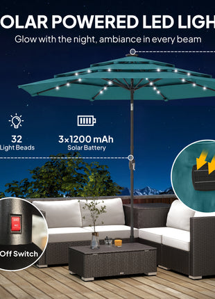 9.7 ft Outdoor Patio Umbrella with Solar LED Lights, 3 Tier Outdoor Table Umbrella with Tilt, Crank, Teal