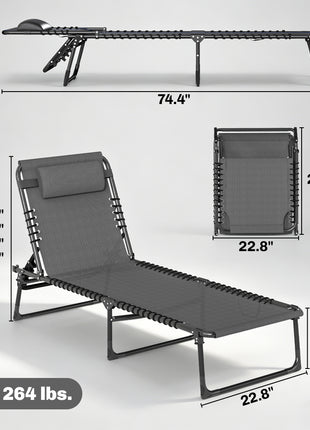 2 Folding Chaise Lounge Pool Chairs with 4-Position Reclining Back, Pillow, Breathable Mesh & Bungee Seat, Gray