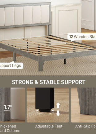 Full Bed Frame with Headboard Full Size Platform Bed Frame with Wooden Slats No Box Spring Needed Easy Assembly Gray