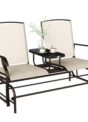 Outdoor Glider Bench with Center Table, Metal Frame Patio Loveseat with Breathable Mesh Fabric and Armrests for Backyard Garden Porch, Beige