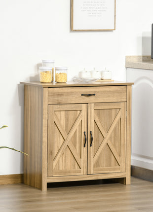 Farmhouse Sideboard Buffet Cabinet, Barn Door Coffee Bar Cabinet with Drawer and Adjustable Shelf for Kitchen, Living Room, Entryway, Natural Wood Effect
