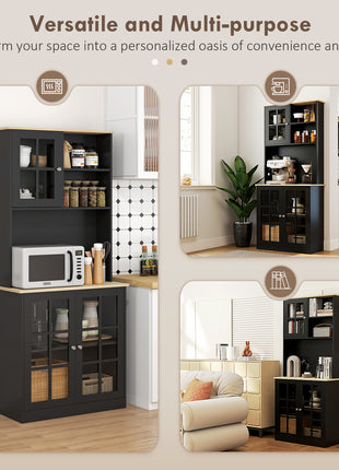 Kitchen Pantry Storage Cabinet, 72" Freestanding Cabinet with Hutch, Large Countertop, Glass Doors and Adjustable Shelves for Dining Room, Black