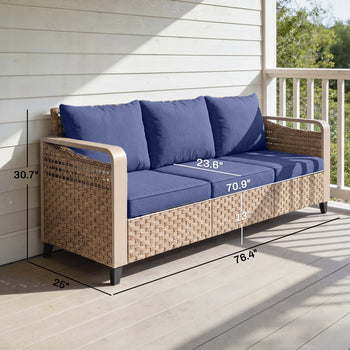 Rattan Wicker Sofa 3-Seater Outdoor Patio Sofa with Cushions for Garden Backyard Porch Dark Blue