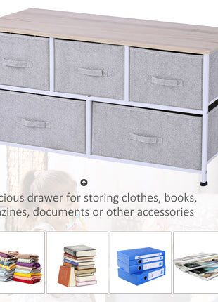 40" L 5 Drawer Horizontal Storage Cube Dresser Unit Bedroom Organizer Living Room Shelf Tower with Fabric Bins, Light Gray