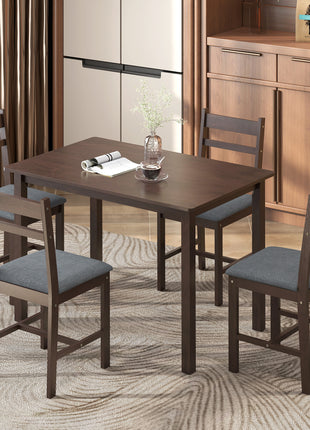 5-Piece Solid Wood Dining Table Set for 4, Farmhouse Kitchen Table with Upholstered Chairs for Dining Room, Walnut