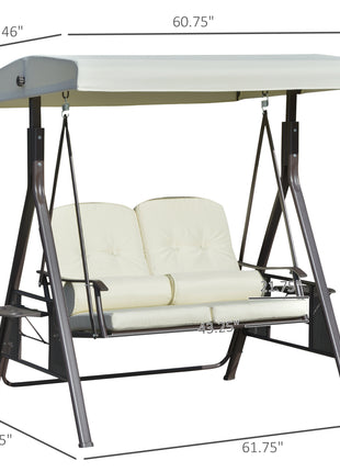 2-Person Patio Swing Bench with Adjustable Shade Canopy, Soft Cushions, Throw Pillows and Tray, Beige.