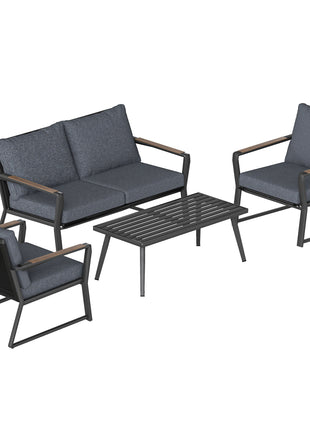 4 Piece Patio Furniture Set, Aluminum Conversation Set, Outdoor Garden Sofa Set with Armchairs, Loveseat, Center Coffee Table and Cushions, Dark Grey