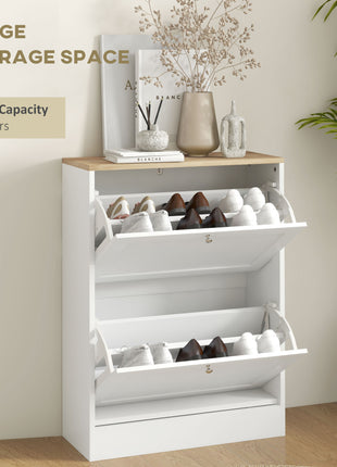 Slim Shoe Storage Cabinet, Modern Shoe Cabinet with 2 Flip Drawers and Adjustable Shelves for 8-12 Pairs, White