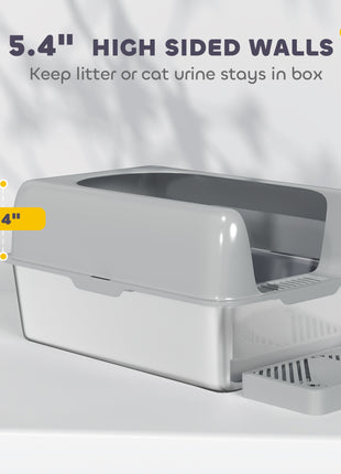 High Sided Stainless Steel Litter Box with Metal Scoop & Scoop Holder, for Easy Clean& Anti-Urine Leakage, Light Gray