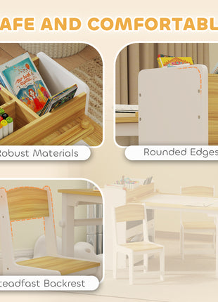 Kids Desk and Chair Set with Paper Roll, Kids Activity Craft Table with Storage Shelves and Drawers, Natural Wood