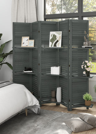 5 Panel 67" Tall Wood Privacy Screen Room Divider with 3 Shelves and Folding Storage for Bedroom, Gray