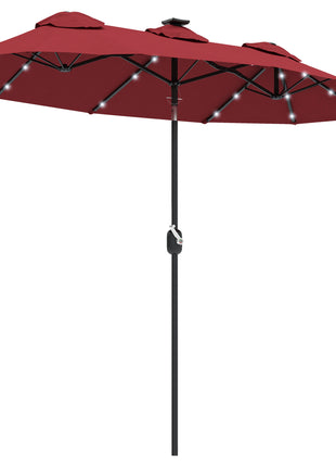 Double-sided Patio Umbrella, 9.7' Outdoor Umbrella with Tilt and Crank, LED Solar Light and 12 Ribs, Wine Red