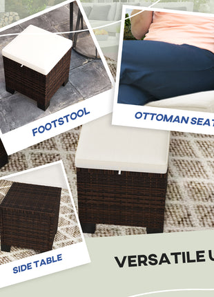 2 Piece Wicker Outdoor Ottomans with Cushions, Rattan Ottoman Footrest and Side Table for Patio, Yard, Poolside, Beige
