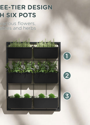 3-Tier Hanging Planter with 6 Pots for Indoor and Outdoor Use, Wall Planter, Self Draining & Wall Mounted, Black