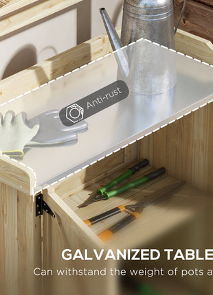 Outdoor Wooden Potting Bench with Storage Cabinet, Shelves, Galvanized Plated Tabletop for Backyard, Balcony, Natural