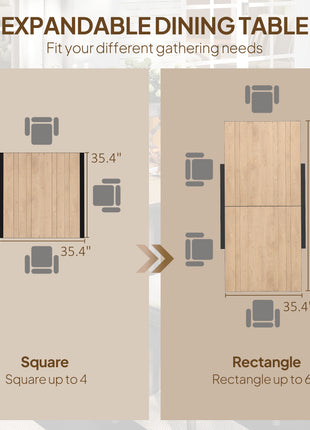 35.5"-71" Expandable Outdoor Dining Table for 4-6 People, Aluminum Patio Table with Slatted Wood Grain Top, Natural