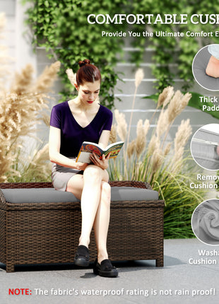 Outdoor Wicker Storage Bench with Storage & Cushion, Gray