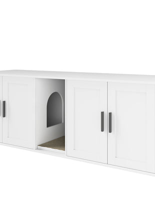 Cat Litter Box Enclosure with Double Room, Scratching Mat for 2 Cats, 57" x 19" x 20", White