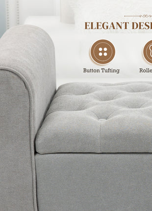 50 Inches Storage Ottoman, End of Bed Bench with Rolled Arms, Wood Legs, Button Tufted Storage Bench, Gray