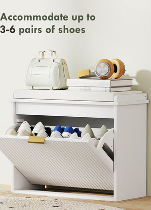 Shoe Storage Bench with Padded Seat Cushion and Flip-Drawer, Entryway Bench, Shoe Cabinet, 24.4x10.2x18.7 Inches, White