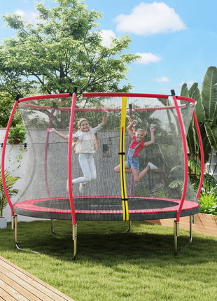10ft Outdoor Trampoline with Net Enclosure, Curved Poles and Safety Pad, ASTM Approved, Red