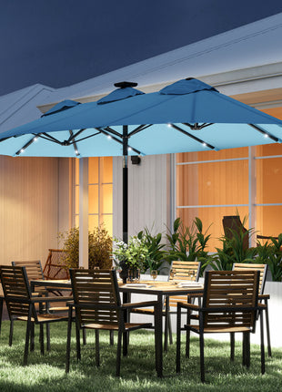 Double-sided Patio Umbrella, 9.7' Outdoor Umbrella with Tilt and Crank, LED Solar Light and 12 Ribs, Light Blue
