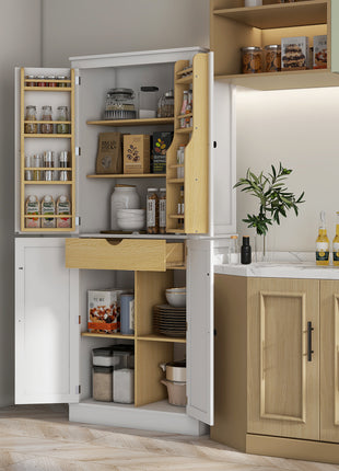 72" Kitchen Pantry Storage Cabinet, Modern Tall Kitchen Cabinet with 5-tier Storage Shelving, 8 Spice Racks, Drawer