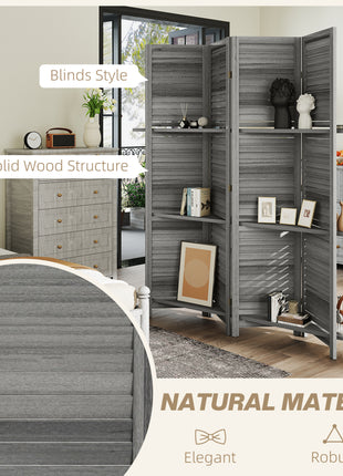 4 Panel 67" Tall Wood Privacy Screen Room Divider with 3 Shelves and Folding Storage for Bedroom, Gray